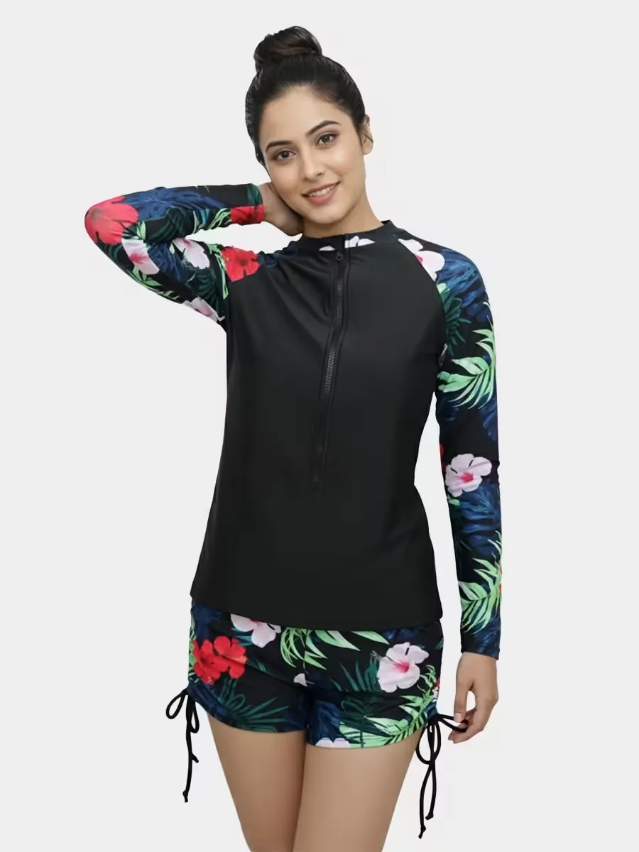 Shyle Black Bean Full Sleeve Zipper Top And Ruched Shorts Swimwear image 2