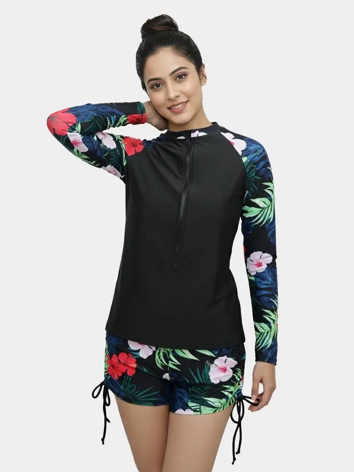 Shyle Black Bean Full Sleeve Zipper Top And Ruched Shorts Swimwear image 3