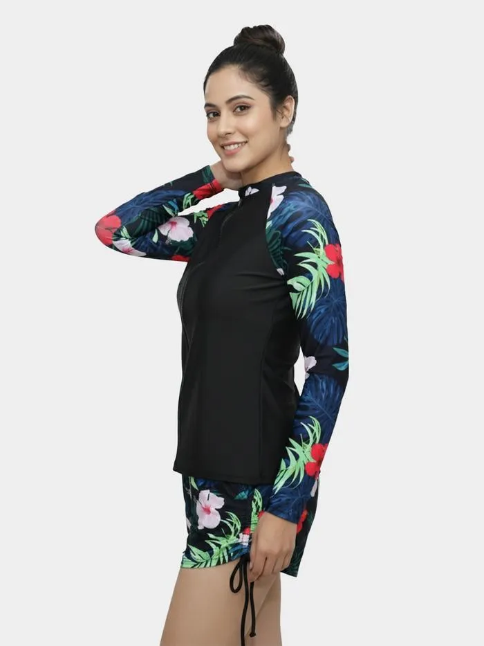 Shyle Black Bean Full Sleeve Zipper Top And Ruched Shorts Swimwear image 4