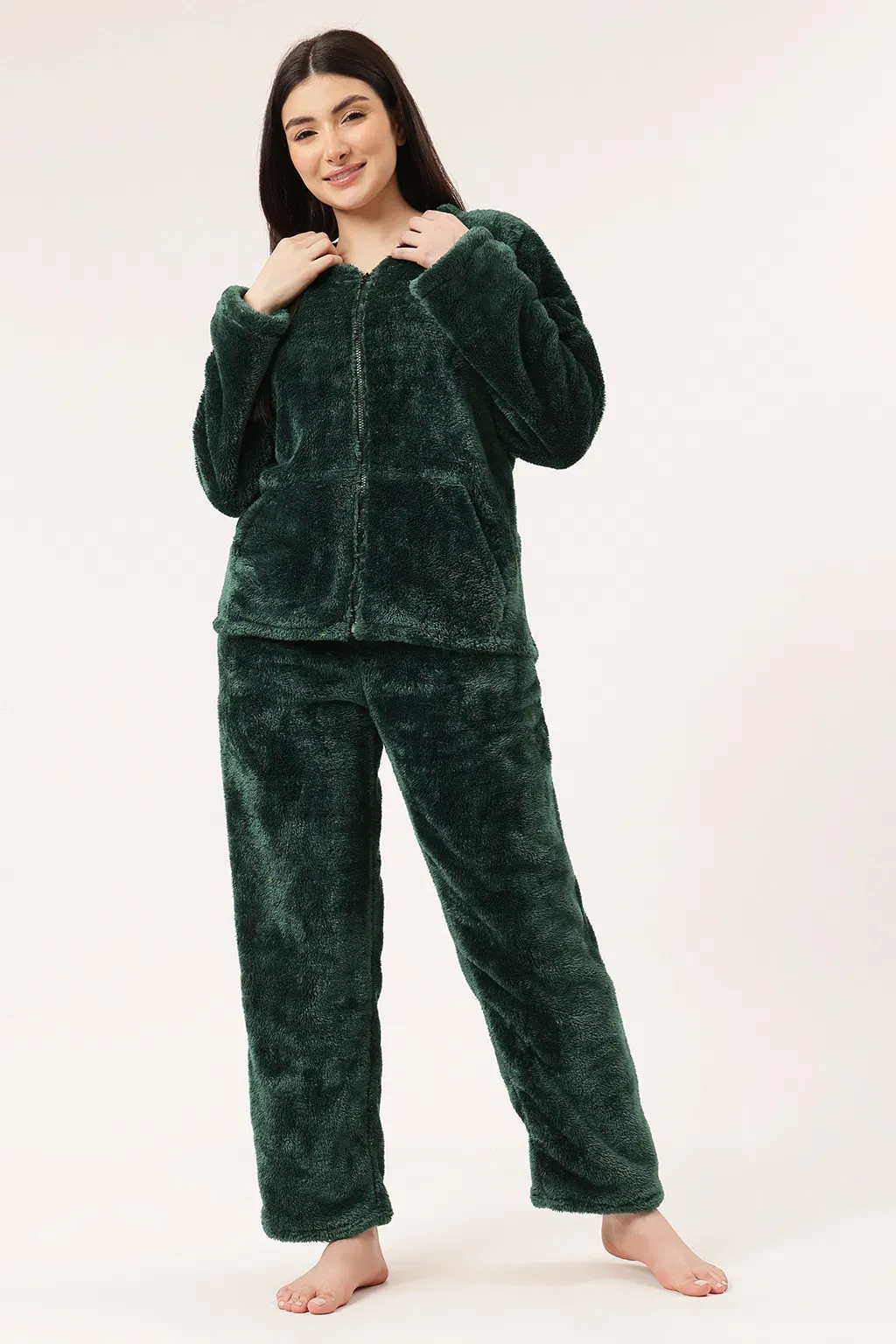 Warm & Fluffy Jacket & Pyjama Set in Bottle Green - Fleece image 7
